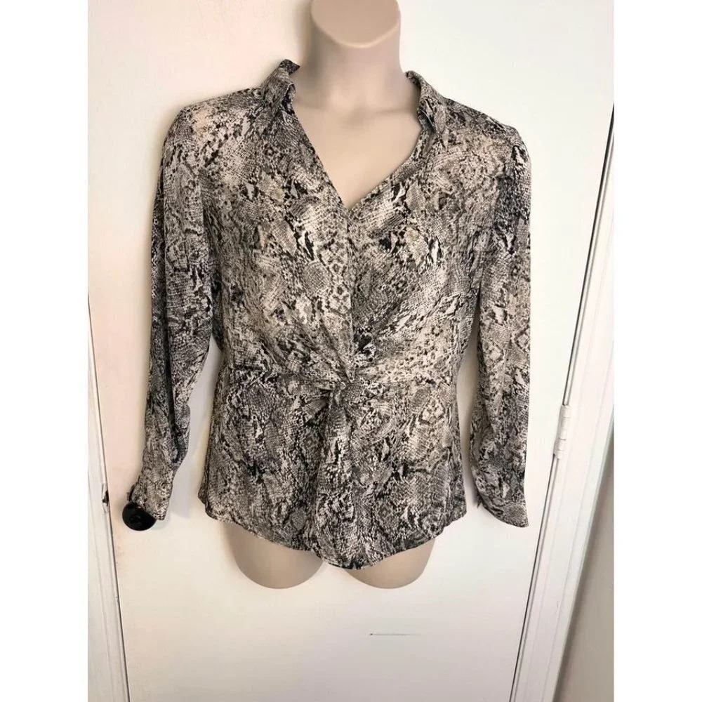 Women's SnakeSkin Print Long Sleeve Tunic Work Top with Knotted Front Sz L 0587